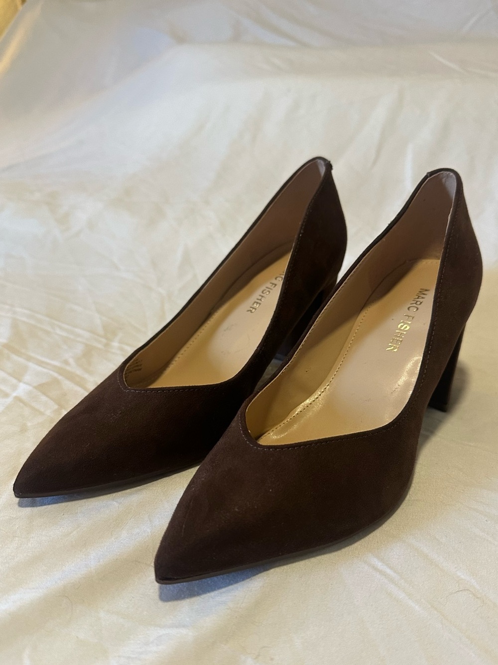 Marc Fisher Dark Brown Fauk Suede Pointed Toe Block Heel Pumps